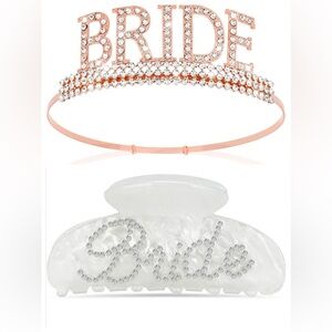 Bride Rose Gold Rhinestone Tiara Claw Clip Bridal Bundle